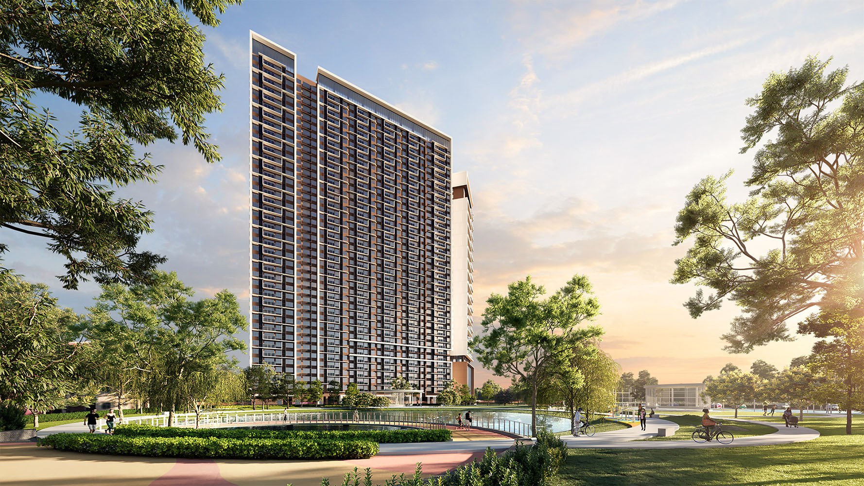 Menara Xanadu Millennium dilihat dari landskap taman tasik bersebelahan