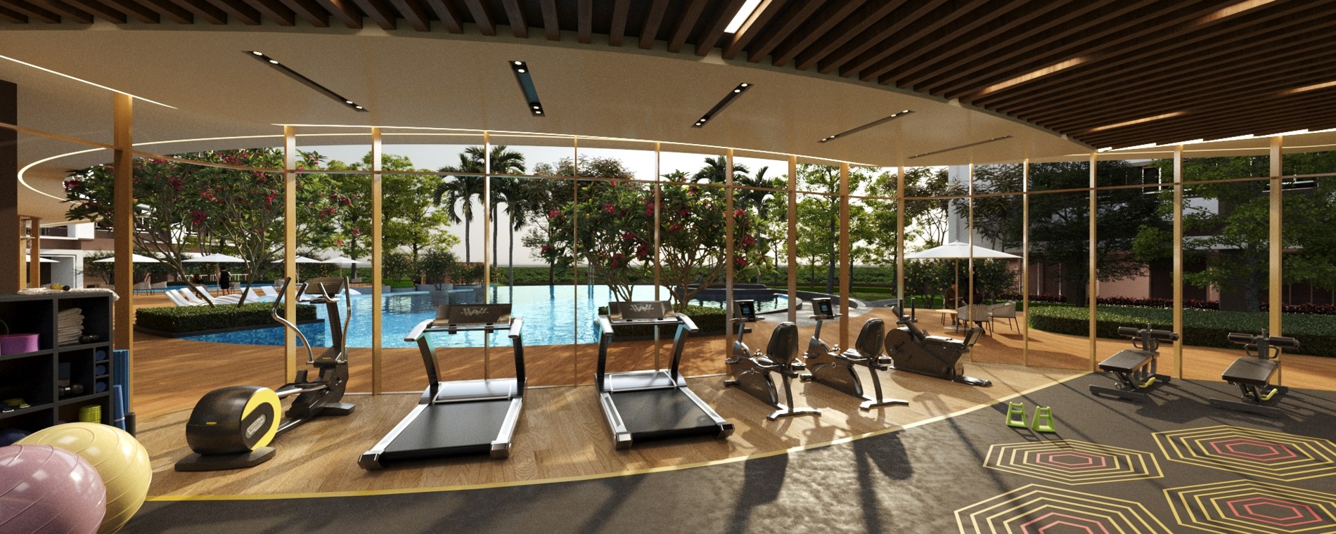 Visual gym dengan peralatan senaman dan tingkap besar