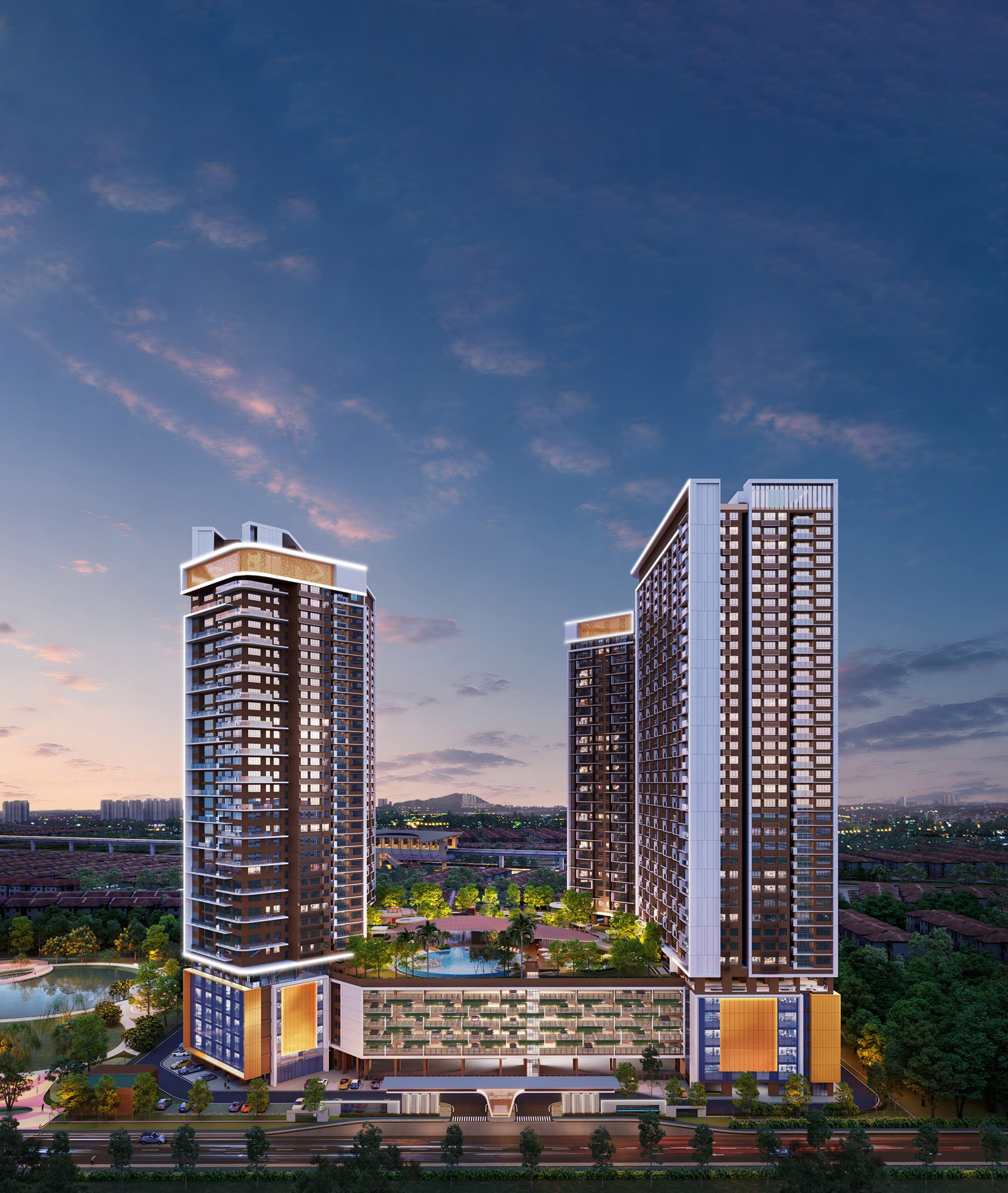 Fasad menara Xanadu Millennium dengan landskap di kaki bangunan