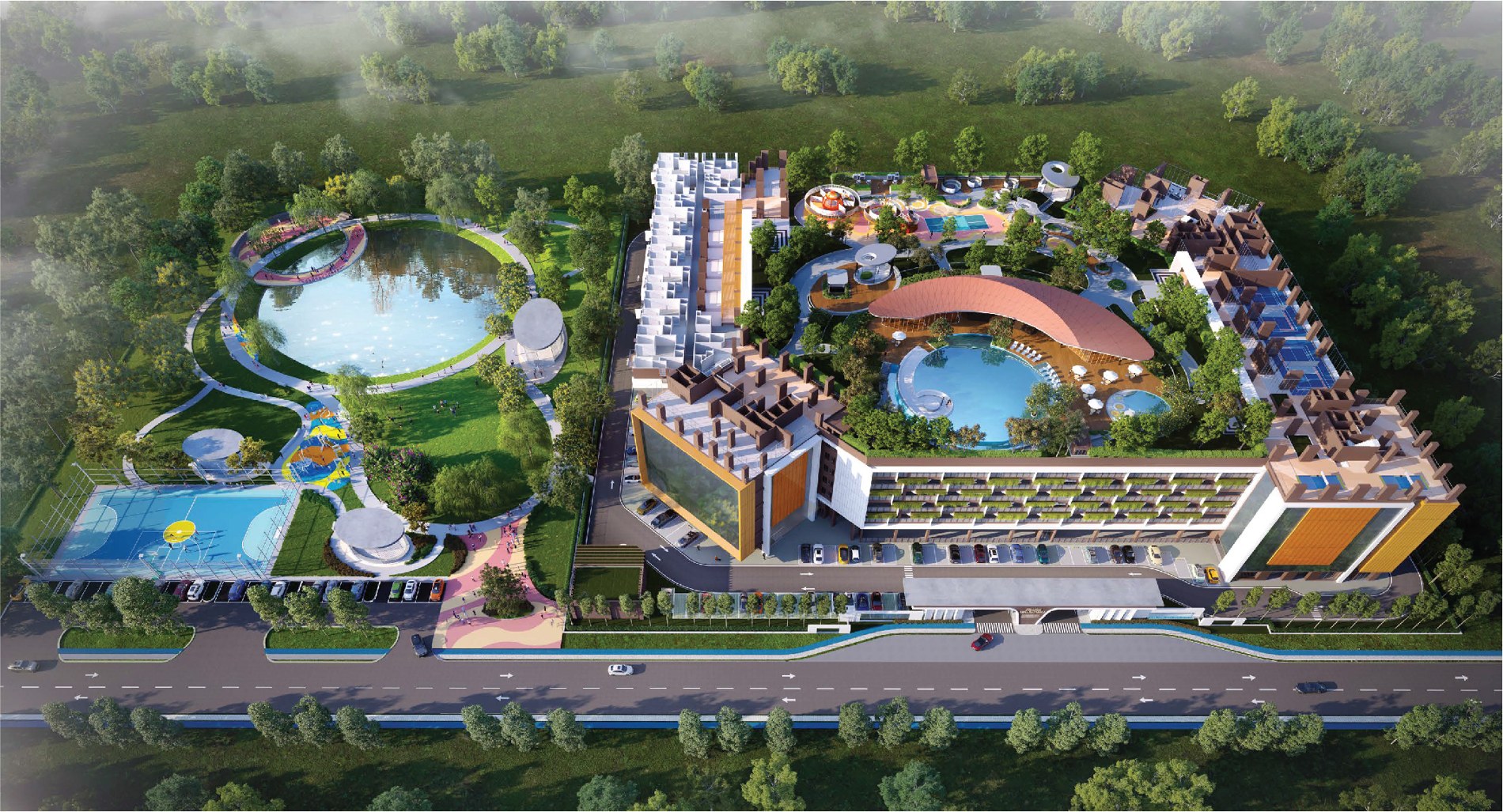 Visual kolam dan plaza rekreasi dengan landskap