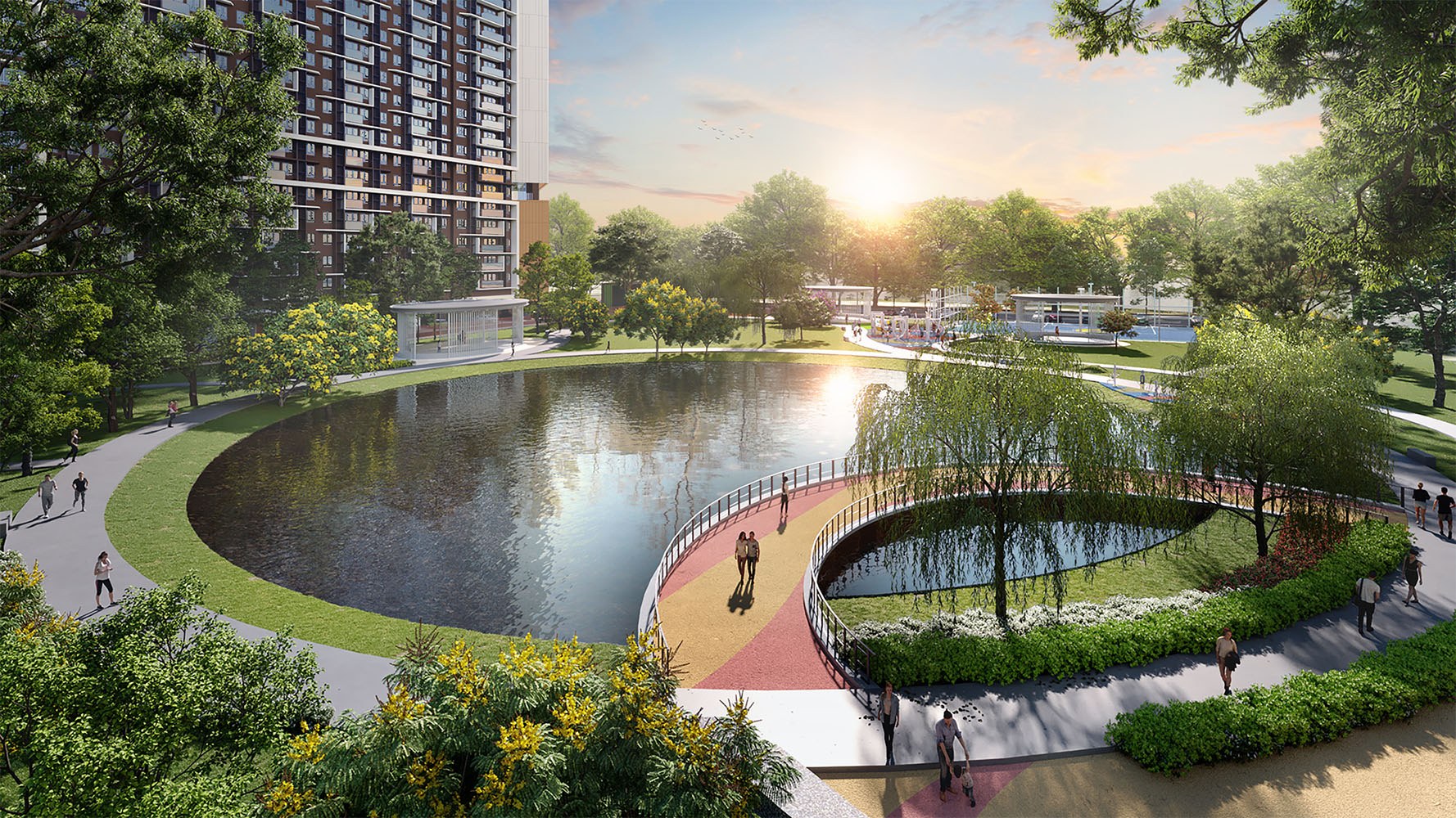 Laluan dan jambatan di taman tasik awam berlandskap bersebelahan projek